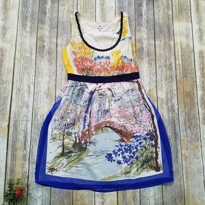 Anthropologie Cream Yellow Blue Floral Scenic Fit-and-Flare Dress